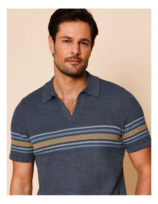 Reserve Chance Chest Stripe Knit Polo in Navy