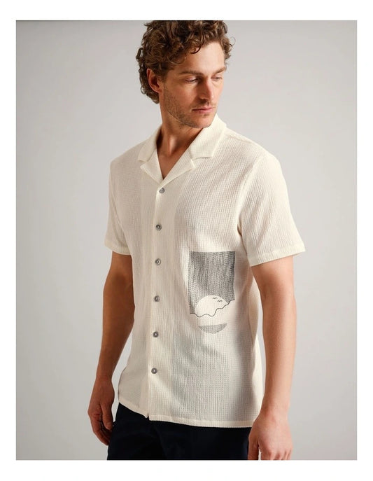 Blaq Daniel Textured Print Short Sleeve Shirt in Ecru