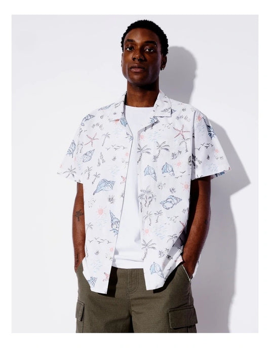 Kenji Coral Coast Print Short Sleeve Oversize All Gender Shirt in White