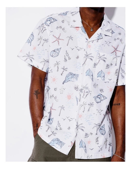 Kenji Coral Coast Print Short Sleeve Oversize All Gender Shirt in White