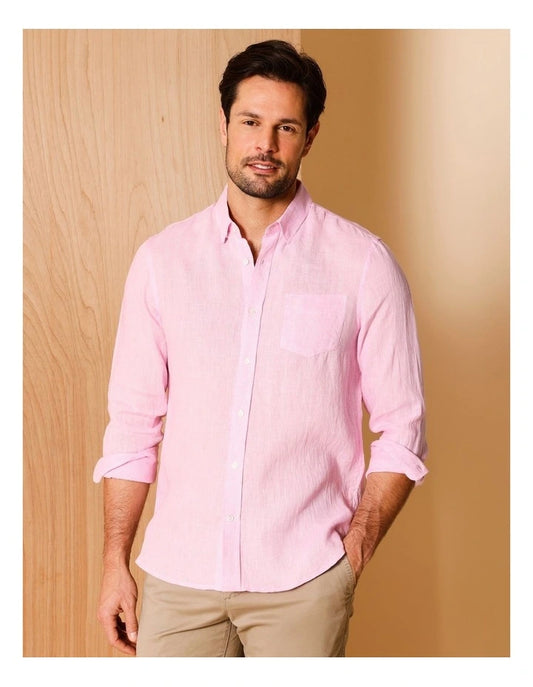 Reserve Louis Long Sleeve Houndstooth Linen Shirt in Pink