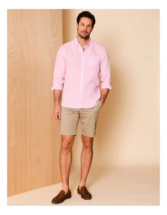 Reserve Louis Long Sleeve Houndstooth Linen Shirt in Pink