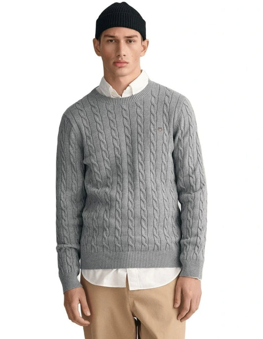 Gant Cotton Cable Knit Crew Neck Sweater in Grey Melange