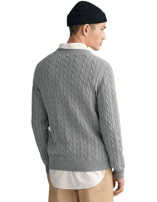 Gant Cotton Cable Knit Crew Neck Sweater in Grey Melange