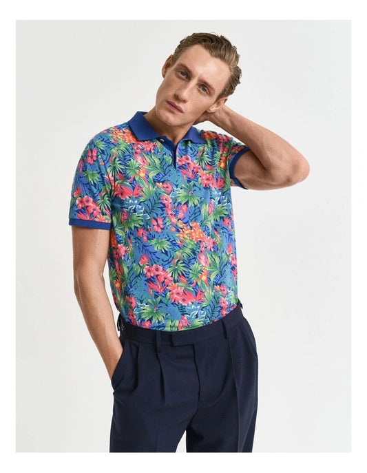 Gant Multicolored Tropical Print Polo Shirt in Deep Cobalt