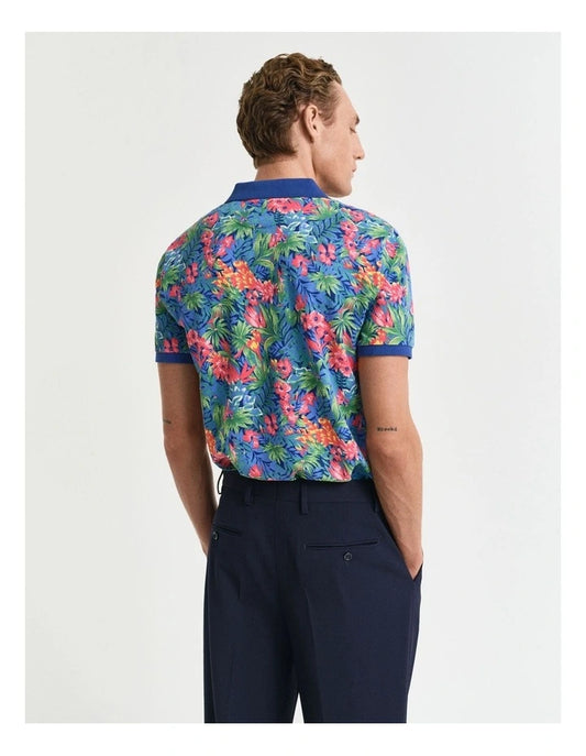 Gant Multicolored Tropical Print Polo Shirt in Deep Cobalt