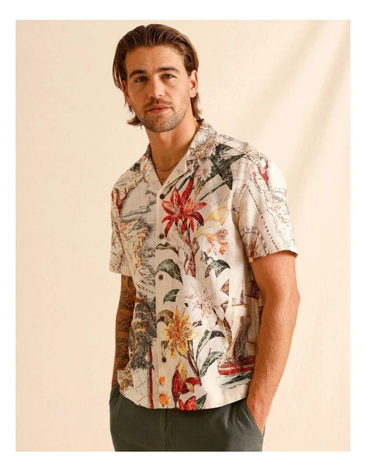 Maddox Moses Placement Print Short Sleeve Shirt in Natural